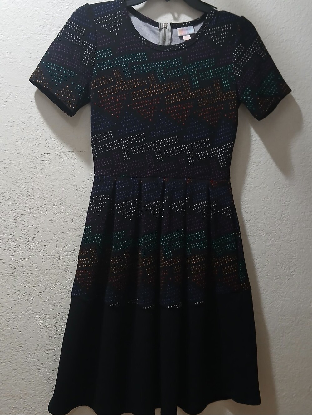 lularoe XS  Black Short-Sleeve Fit & Flare Dress with Multicolor Geo Pattern